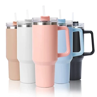 Image of mebiusyhc 40oz Stainless Steel Vacuum Insulated Cup Double Wall Travel Flask Car Coffee Mug Tumbler with Straw Handle for Hot Iced (Pink)