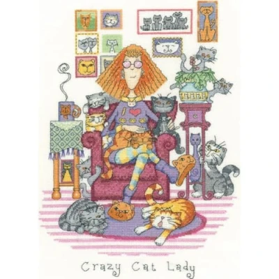 Image of Heritage Crafts Crazy Cat Lady Cross Stitch Kit