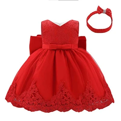 Image of Lito Angels Baby Girls Flower Girl Bridesmaid Lace Dress with Headband Wedding Party Elegant Ball Gown Age 12 18 Months Red 426