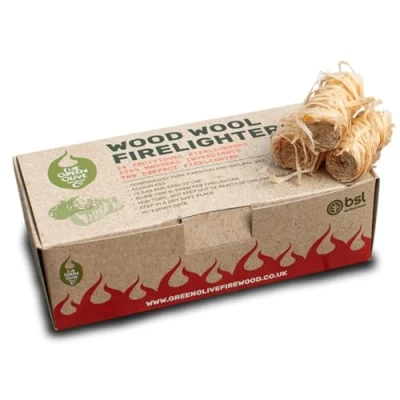 Image of Green Olive Firewood Wood Wool firelighters Natural for Burners, Pizza Oven, Campfires &amp; more BBQ Lighters Eco Pack of 24