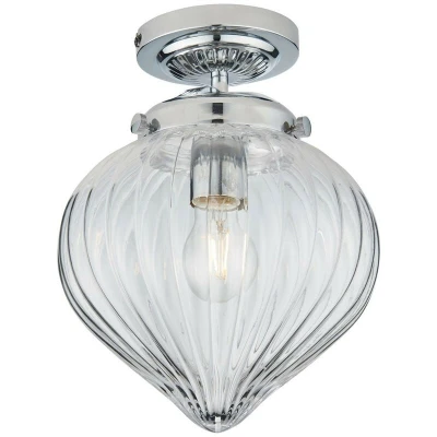 Image of Cheston Semi Flush Ceiling Light Chrome, Clear Ribbed Glass Globe Shade, IP44