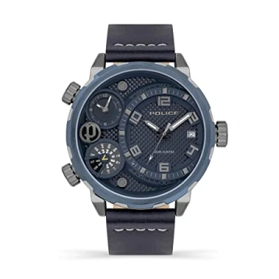 Image of Police Ray Mens Multifunction Watch with Blue Dial and Leather Strap, 51mm Stainless Steel Case in Branded Box PEWJB2195340 2 Year Warranty