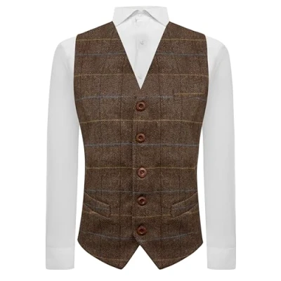 Image of King &amp; Priory Walnut Brown Herringbone Check Waistcoat L