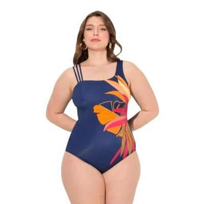 Image of Ulla Popken Women&#039;s Badeanzug, Blätter, Softcups, Dreier träger, Recycelt One Piece Swimsuit, Navy, 38