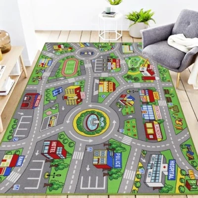 Image of Capslpad Car Play Mat 150x200cm Non Slip Kids Rug City Town Map Interactive Carpet Machine Washable Creative Educational Boy Girl for Teenager Room Nursery Playroom Decor, Green