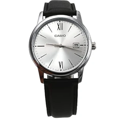 Image of Casio MTP V002L 7B3 Men&#039;s Standard Analog Black Leather Band Silver Dial Date Watch