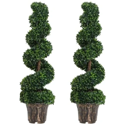 Image of Outsunny Set of 2 Artificial Boxwood Spiral Topiary Trees Potted Decorative Plant Outdoor and Indoor Décor 120cm