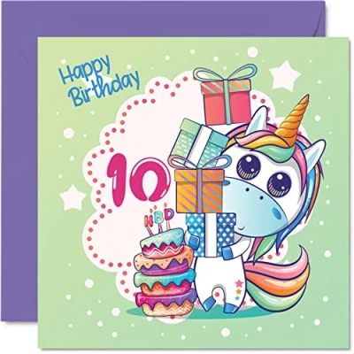 Image of 10th Birthday Card Girl Magical Unicorn Cake for 10 Year Old Girl, Age Girls Cards, 145mm x Cute Ten Tenth Greeting