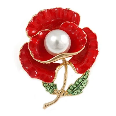 Image of Avalaya Bright Red Enamel, Faux Pearl, Green Crystal Poppy Brooch in Gold Tone 45mm Long