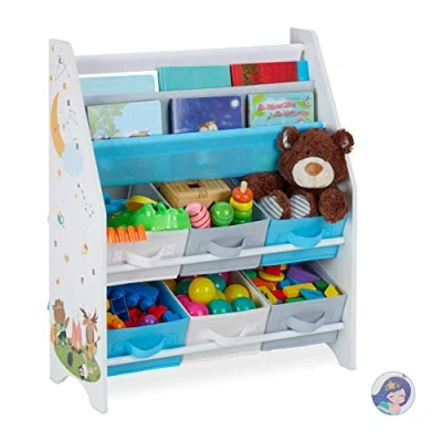 Image of Relaxdays Children&#039;s Shelf, Animals Motif, 4 Boxes, Compartments for Books, Storage, Bookshelf, 74x62x31.5 cm, Colourful