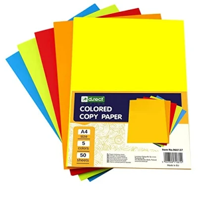 Image of D.RECT Printer Paper Coloured A4 Copy Multicolour Mix of 5 Colours, for Inkjet and Laser Printers, 5x50 (250) Sheets