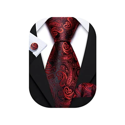 Image of Barry.Wang Mens Ties and Pocket Square Cufflinks Silk Necktie Set Paisley, One Size, Red Black