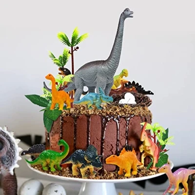 Image of HZYKDWD 26 PCS Dinosaur Cake Toppers With Eggs Leaves Trees Decorations For Birthday Party, Wild Animals Party,Kids (C)