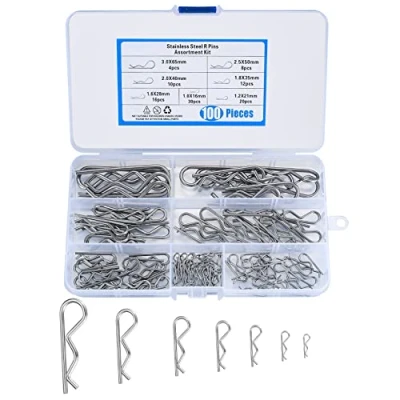 Image of 100 Pcs Cotter Pins Assortment Kit, Stainless Steel R Clips, Split Pins, Retaining Spring Hitch Heavy Duty Fastening for Trucks Tractors Lawn Mowers Cars Campers