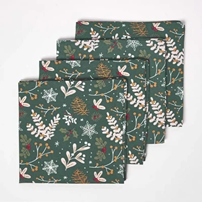 Image of HOMESCAPES Set of 4 Green Napkins Floral Pattern 45 x cm 100% Cotton Christmas “Festive Forest Xmas Napkin