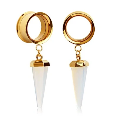 Image of KUBOOZ (1 Pair Opal Stone Pendant Gold Ear Plugs Stainless Steel Tunnels Gauges Stretcher Piercings, 316L