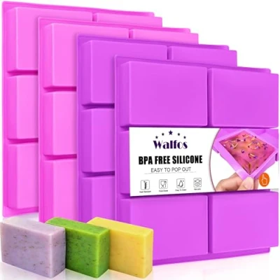 Image of Silicone Soap Molds Set of 4, 6 Cavities Rectangle for Homemade Craft Mold, Cake Chocolate Mold ＆ Ice Cube Tray（Purple Pink）