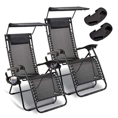 Image of SUNMER Set of 2 Sun Lounger Garden Chairs With Canopy and Cup Holder Adjustable Headrest Pillow Deck Folding Recliner Zero Gravity Outdoor Chair Black