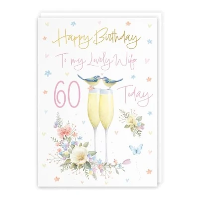 Image of Hunts England 60th Wife Champagne Flutes Birthday Card Luxury Gold Foil Milo&#039;s Gallery Age 60 Butterflies, Hearts, Flowers Pretty For Sixty A5 Size
