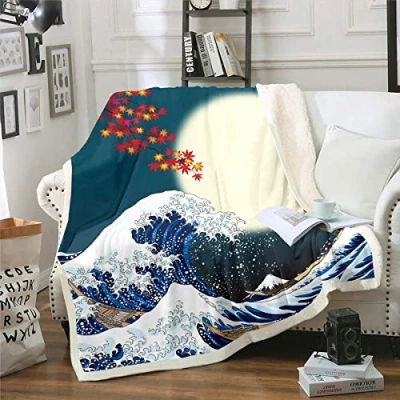 Image of Japanese Hokusai Pattern Plush Throw Blanket Exotic Style Fleece Sherpa Blue Wave Fuzzy for Sofa Couch Fuji Mountain Flannel Room Decor Double 60&quot;x79&quot;
