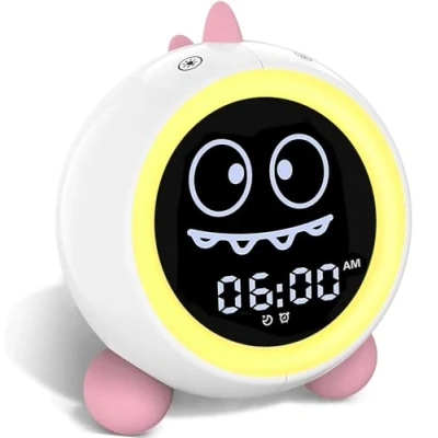 Image of DINOTIME Kids Alarm Clock, Toddler Sleep Training Clock with Sound Machine, Night Lights, Ok to Wake Dinosaur Gift Ideas for Child (Pink)