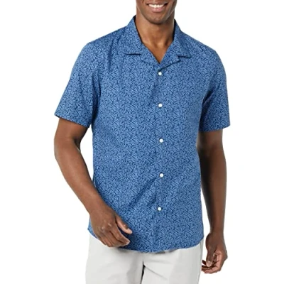 Image of Amazon Essentials Men&#039;s Standard Fit Vacation Shirt, Indigo Palm Leaf Print, XS