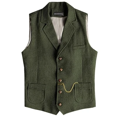 Image of Solovedress Mens Vintage Suit Waistcoat V Neck Wool Blend Regular Fit Vest for Wedding(Army Green,L)