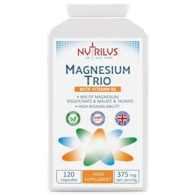 Image of Magnesium Trio Complex 120 Capsules 375mg per Serving Bisglycinate &amp; Malate Taurate and Vitamin B6 Vegan UK Made Supplement