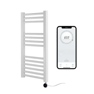 Image of Greened House White Electric Smart WiFi Controlled Heated Towel Rail 400mm W x 800mm H 7 Day Programmable Timer App Compatibility (White + Chrome Element)