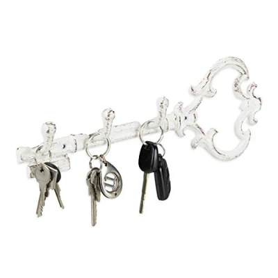 Image of Relaxdays Key Rack, Wall Mounted, 3 Hooks, Decorative Shape, Cast Iron, Vintage Look, HxWxD: 12.5 x 33 4.5 cm, White