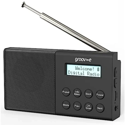 Image of Groov e Geneva Rechargeable DAB &amp; FM Digital Radio Built In Alarm Clock Bluetooth Connectivity LCD Display USB or Battery Operated Portable 80 Preset Stations Black
