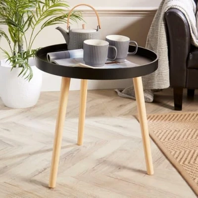 Image of Home Source Round Coffee Accent Side Lamp Drinks Table, Lipped Edge, Solid Pine Legs, Black
