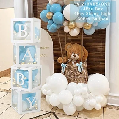Image of Baby Shower Decorations Boxes for BABY, 30 Blue&amp;White Balloons, 4 Transparent Balloon with Light Strings and 33 Letters (BABY+ONE+A Z), Blocks Shower, Birthday Party