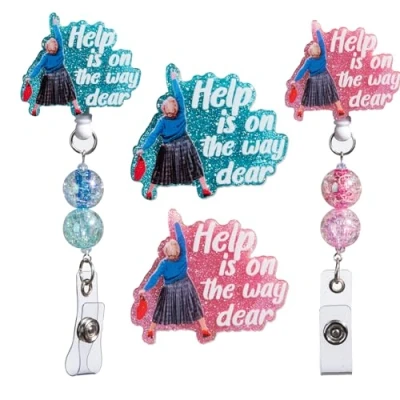Image of 2 Pcs ID Badge Holder with Retractable Clip Trendy Beads, Nurse Reel 24 inch Cord and 360 Swivel Alligator Clip, Help is On The Way Dear for Nursing,Doctor,Teacher