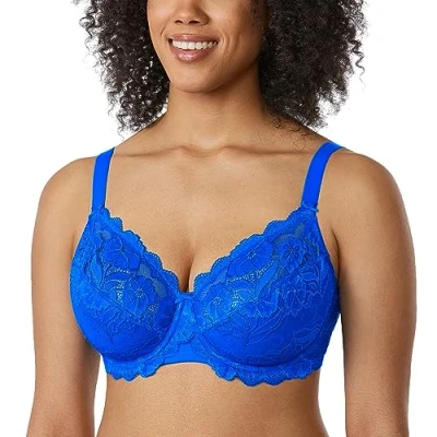 Image of Delimira Women&#039;s Full Coverage Non Foam Floral Lace Plus Size Underwired Bra Sky Blue 44B