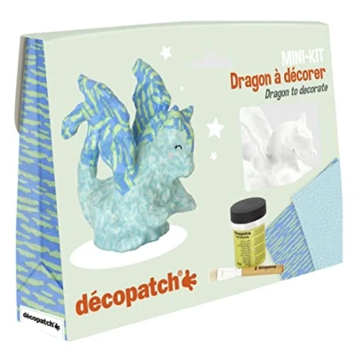 Image of Décopatch Ref KIT035C Dragon Mini Kit Suitable for Children Includes White Papier Mache Animal, 2 x Sheets, Brush &amp; Pot of PaperPatch Glue