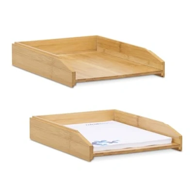 Image of Relaxdays Letter, Set of 2, Made Bamboo, DIN A4 Size, Stackable Document Tray, for Desk and Office, Natural, 6 x 25 33 cm