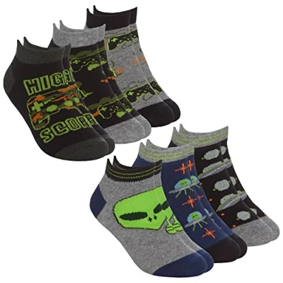 Image of Metzuyan Kids Boys Cotton Rich Socks Novelty Trainer Liner Low Cut Alien Gaming Themed 9 12