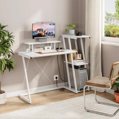 Image of Dripex Computer Desk with 3 Tier Reversible Storage Shelves, Small Office Power Outlets &amp; USB Charging Ports, Modern Work Study Table for Home Office, White