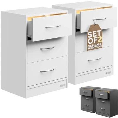 Image of CASARIA® 2x Eloise 3 Drawer Bedside Table With LED Lighting Chest Of Drawers Cable Routing Hole Wall Mounting Option Bedroom Nightstand 54x39x28cm White Finish