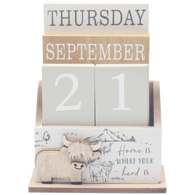Image of Lesser &amp; Pavey Cute Highland Cow Perpetual Wooden Adjustable Day and Month Tabletop Calendar Reuse Every Year