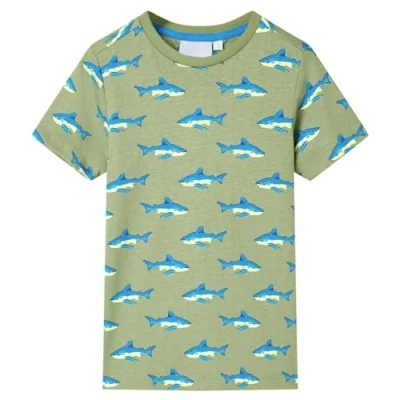 Image of vidaXL Children&#039;s Light Khaki Shark Printed T Shirt Comfortable Round Neck Kids&#039; Tee Soft 100% Cotton Size 116 for Ages 5 6