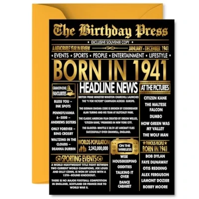 Image of Gold 84th Birthday Card for Men Women Black &amp; Golden Newspaper Born in 1941 Happy 84 Cards Wife Auntie Nanny Uncle Grandma Husband, 5x7 Inch Bday Greeting