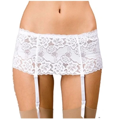 Image of Silky Wide Lace Suspender Belt 4 Ribbon Strap (Medium, White)