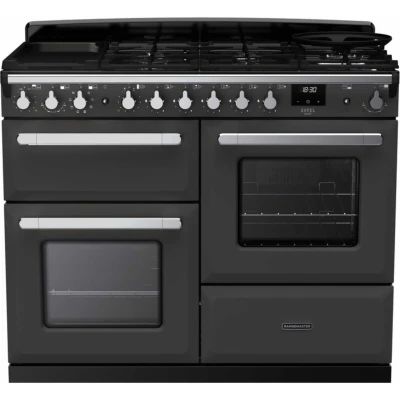 Image of RANGEMASTER Estel Deluxe ESDLO110DFPSLT/CM1 110 cm Dual Fuel Range Cooker Slate &amp; Chrome, Silver/Grey