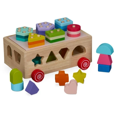 Image of Relaxdays Wooden Shape Sorter, Block Sorting Cube with Stacking Game, Ages 3 and Up, Motor Skills Toy, Multicoloured, Fibreboard, Wood, 11.5 x 16.5 21.5 cm