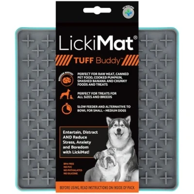 Image of Lickimat Tuff, Heavy Duty Buddy, Dog Slow Feeder Lick Mat, Boredom Anxiety Reducer; Perfect for Food, Treats, Yogurt, or Peanut Butter, Fun Alternative to a Feed Bowl, Turquoise