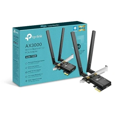 Image of TP Link AX3000 Dual Band Wi Fi 6 Bluetooth 5.2 PCIe Adapter with Two Antennas, specialized heatsink, 1024 QAM, Ultra Low Latency, Intel® Chipset, Supports Windows 10/11(64bit) (Archer TX55E)