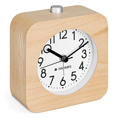 Image of Navaris Analogue Wood Alarm Clock Square Retro Table Design with Snooze, Alarm, Backlight Functions Light Brown Wood, White Face