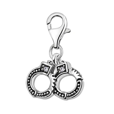Image of Quiges 3D Handcuffs Clip On Charm Pendant with Cubic Zirconia Silver Plated Women&#039;s Jewellery